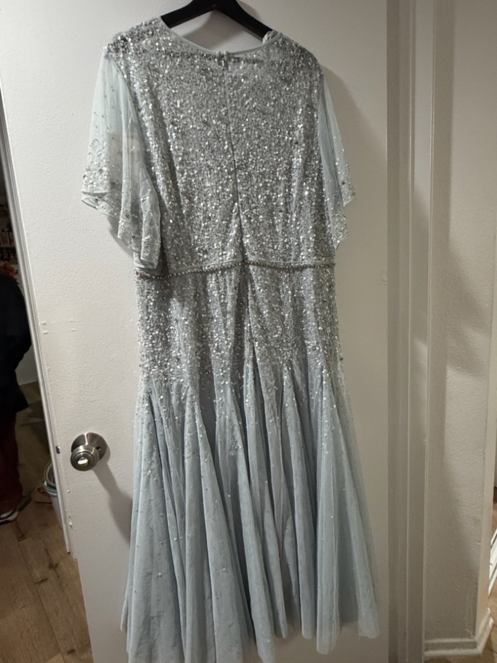 NWT:Flutter cape Sleeve Beaded Tea Length Drop Waist Dress - a few loose threads - Picture 10 of 13